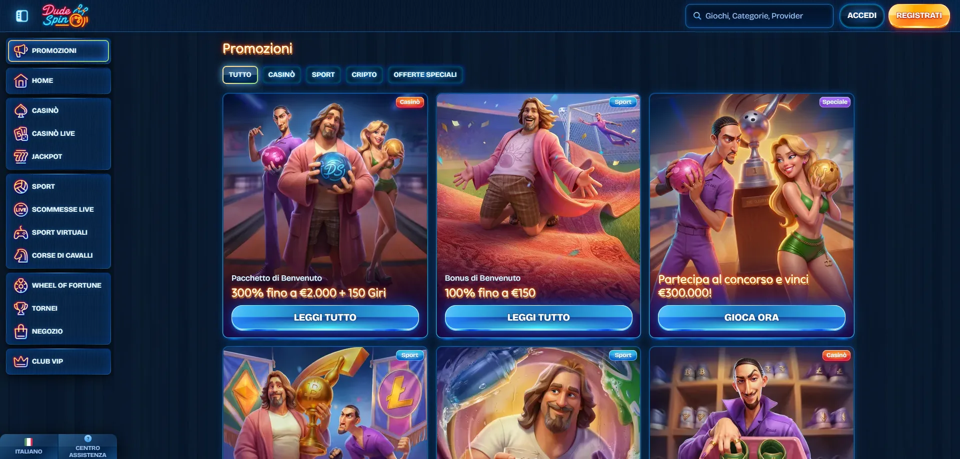 Bonus di benvenuto Dudespin Casino &mdash; fino a &euro;2.000 e 150 free spin